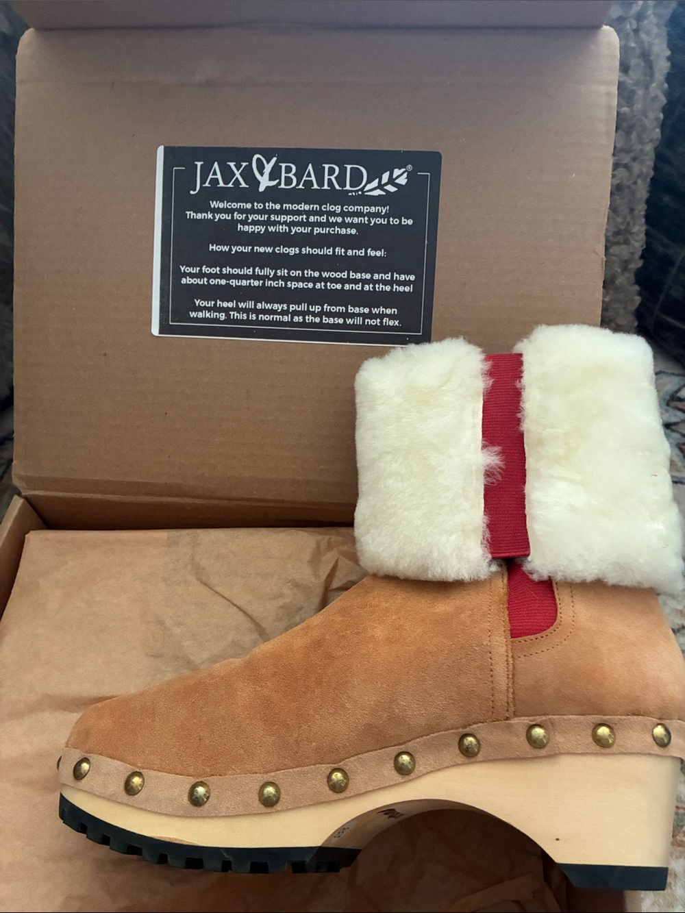 Tan Suede Shearling Clog Boot with Red Trim